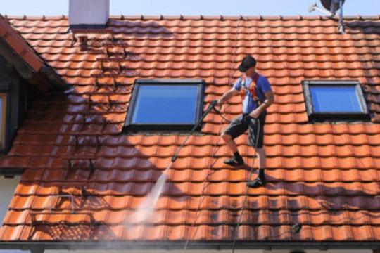 Homme sur le toit aspergeant un traitement sur les tuiles
